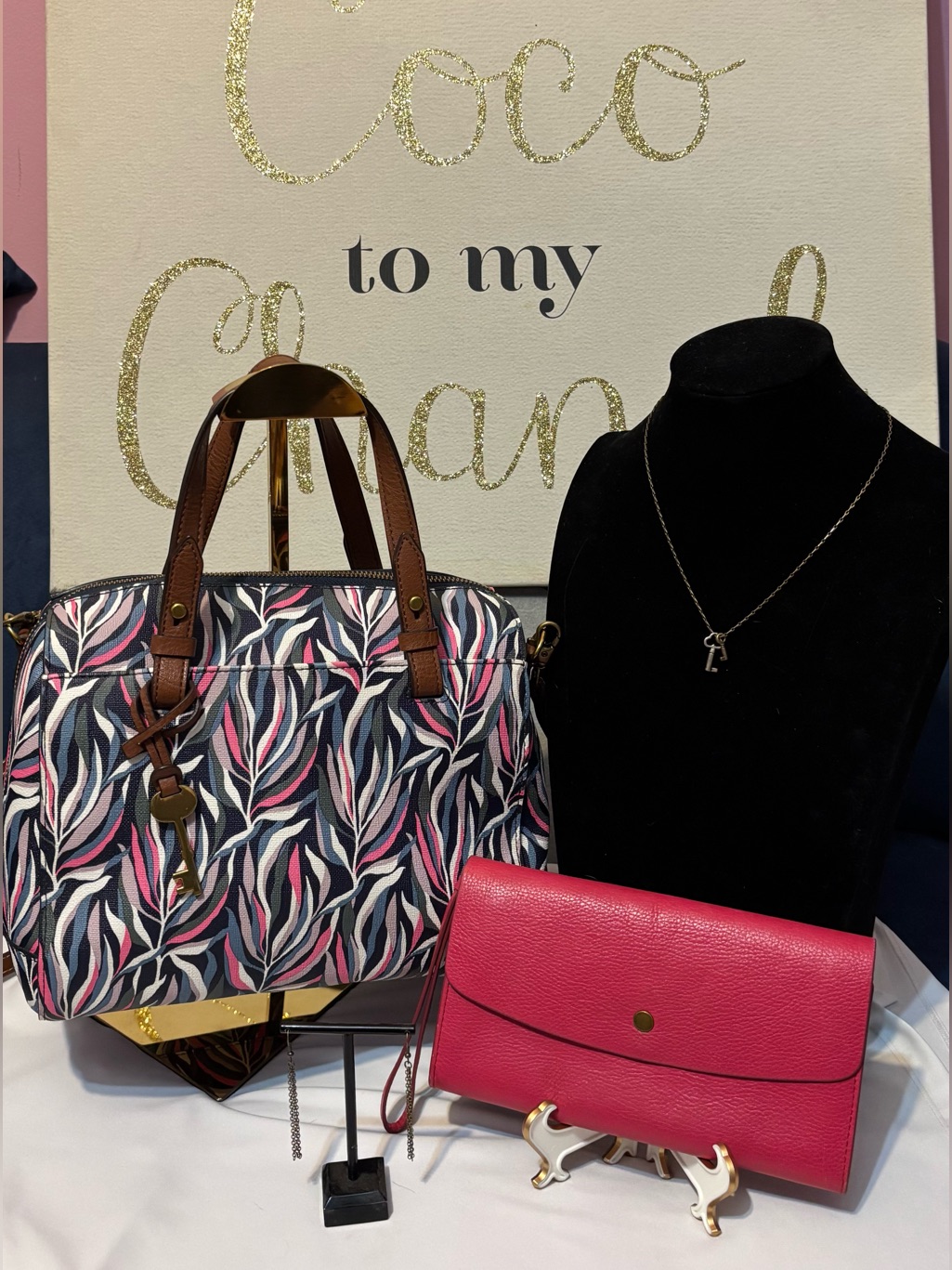 Fossil Multicolor Leaf-Print Satchel With Brown Handles & Pink Wallet